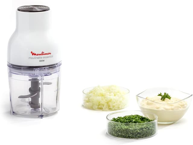 Moulinex Hachoir électrique, 400 ml, 300 W, 4 lames, Fonctions 3-en-1, Emince, Hache, Mixe, Système de pression simple, Moulinette Essential DJ520110