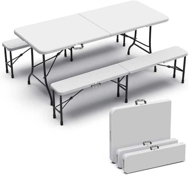 Ensemble Table et Bancs Pliants Vounot 180cm - Blanc