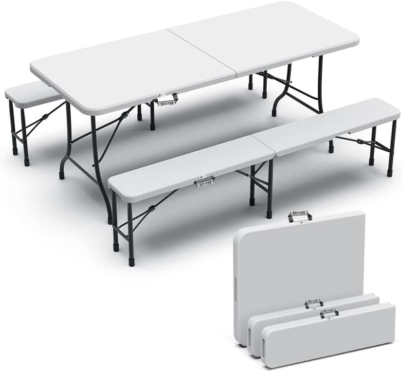 Ensemble Table et Bancs Pliants Vounot 180cm - Blanc