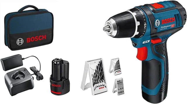 Bosch Professional 12V System perceuse-visseuse sans-fil GSR 12V-15 (avec 2 batteries 2,0 Ah + chargeur, set d'accessoires 39 pièces, dans sac)
